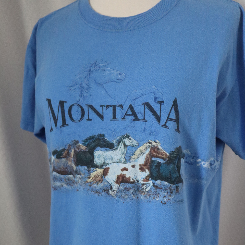 Montana Horse-Theme Short Sleeve Blue T-shirt Med.